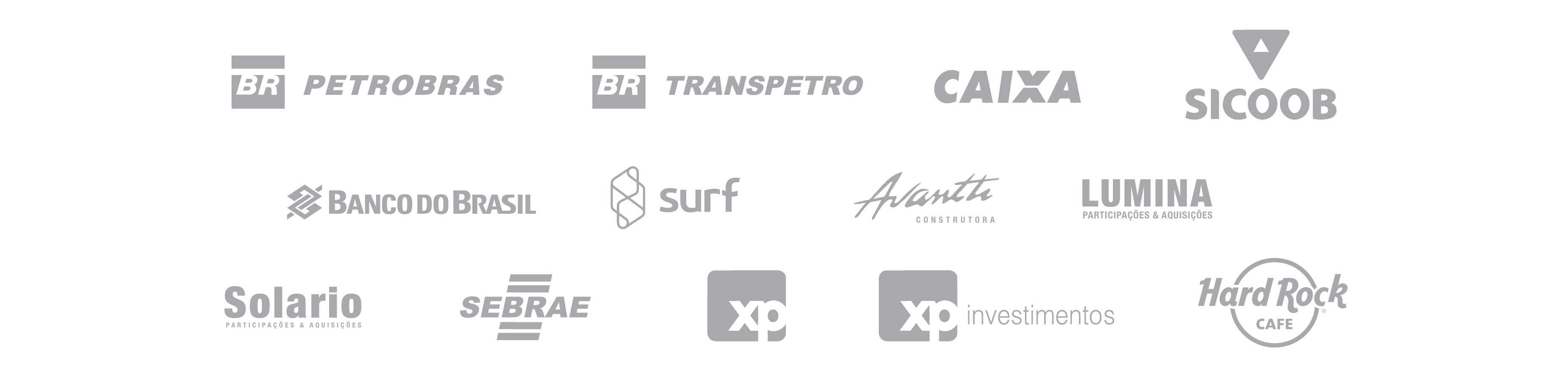 Empresas atendidas: Petrobras, Transpetro, Caixa, Sicoob, Banco do Brasil, Surf, Avantti, Lumina, Solario, Sebrae, XP, XP Investimentos, Hard Rock